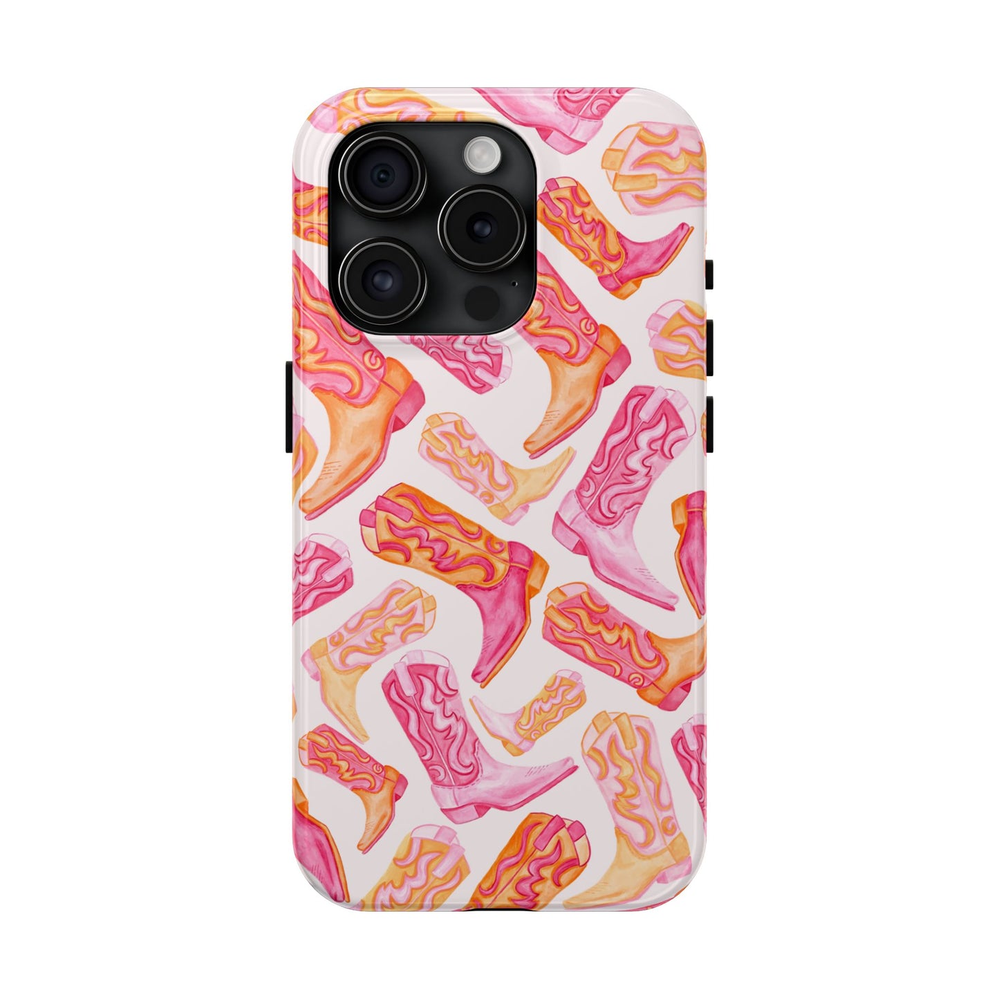 Tossed Hot Pink & Orange Watercolor Cowboy Boots Tough Light Pink Phone Case | Various Models Available iPhone 15 Pro