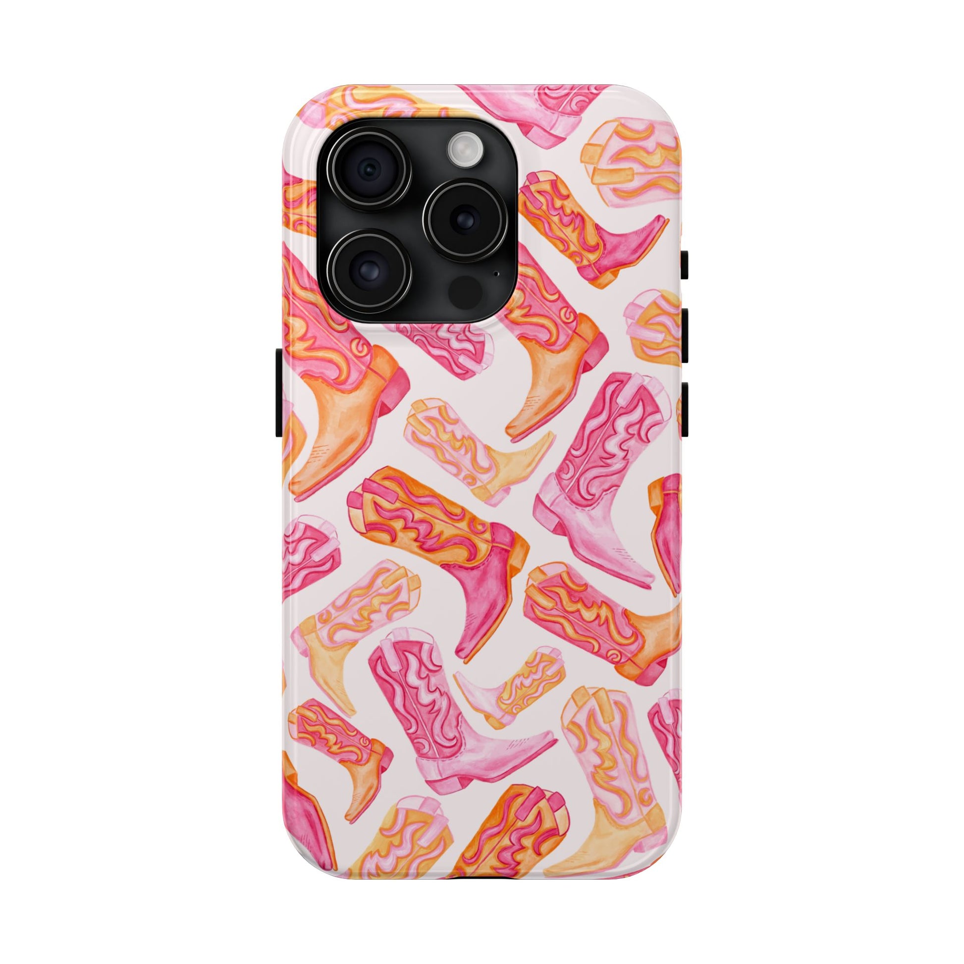 Tossed Hot Pink & Orange Watercolor Cowboy Boots Tough Light Pink Phone Case | Various Models Available iPhone 15 Pro