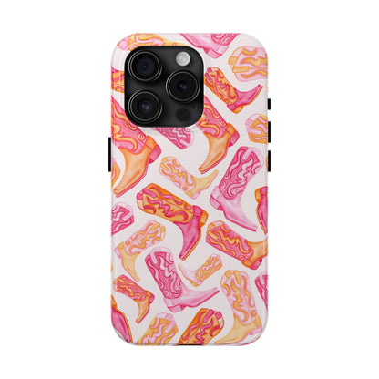 Tossed Hot Pink & Orange Watercolor Cowboy Boots Tough Light Pink Phone Case | Various Models Available iPhone 15 Pro