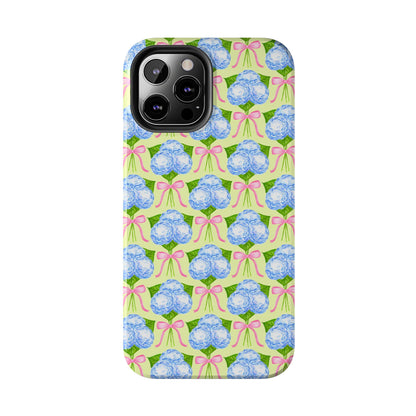 Blue Watercolor Hydrangea Bouquets with Light Pink Bows Watercolor Illustrated Patterned Yellow Tough Phone Case | Various Models