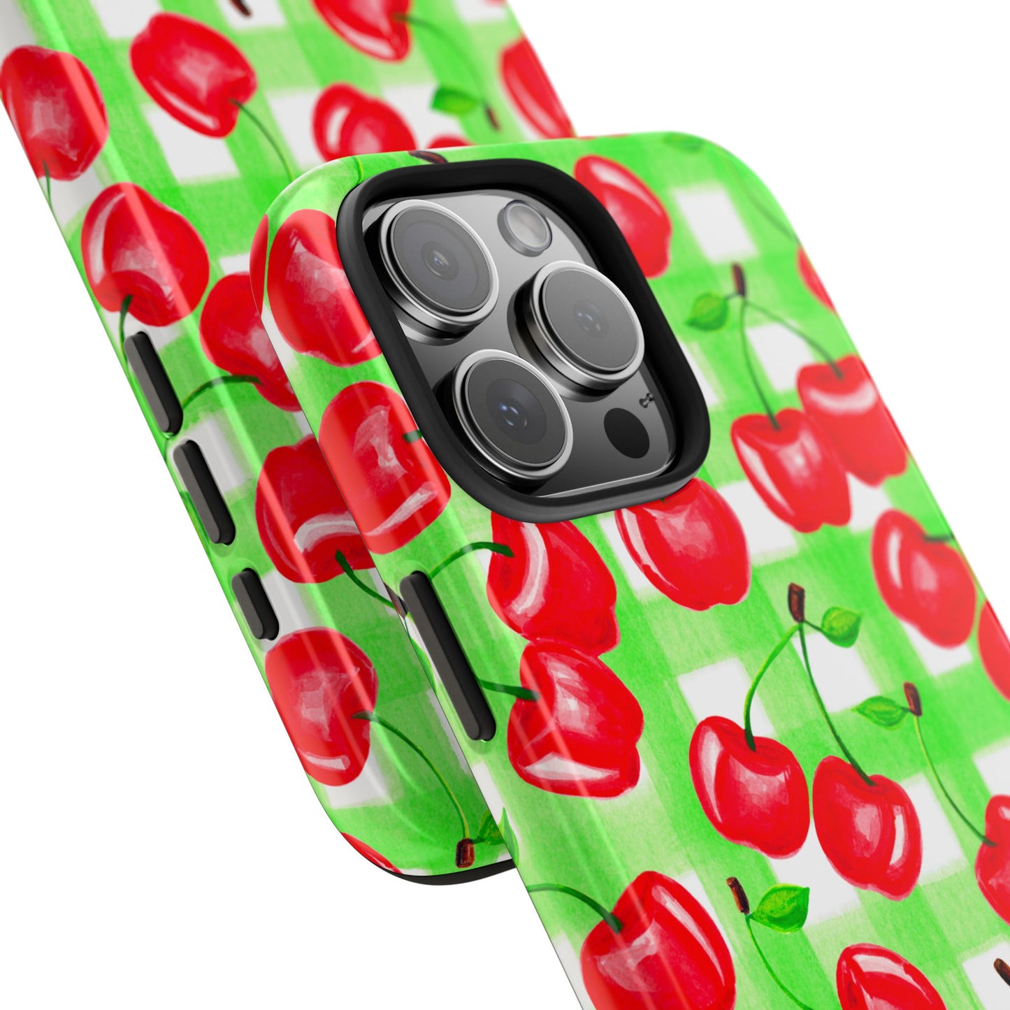 Red Tossed Cherries Green Gingham Watercolor Illustrated Tough Phone Case | Various Models Available