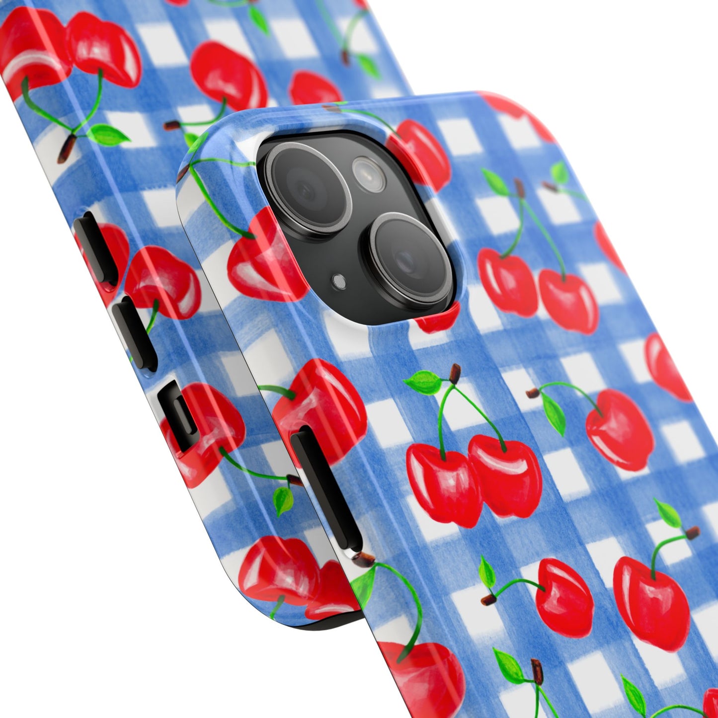 Tossed Red Watercolor Illustrated Cherries Light Blue Gingham Tough Phone Case | Various Models