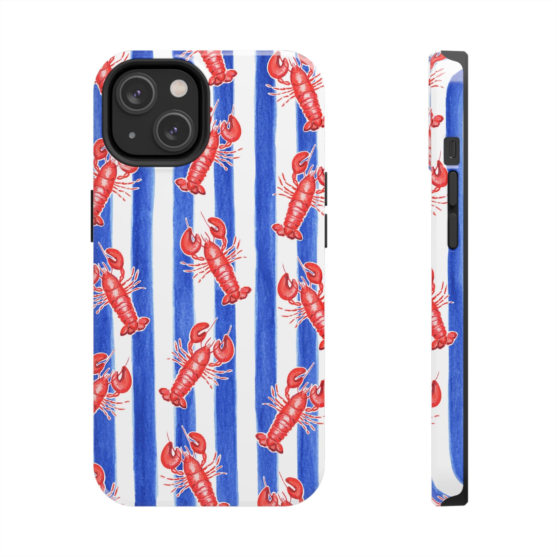 Blue & White Strip Red Lobster Watercolor Patterned Phone Case | Various Models iPhone 14