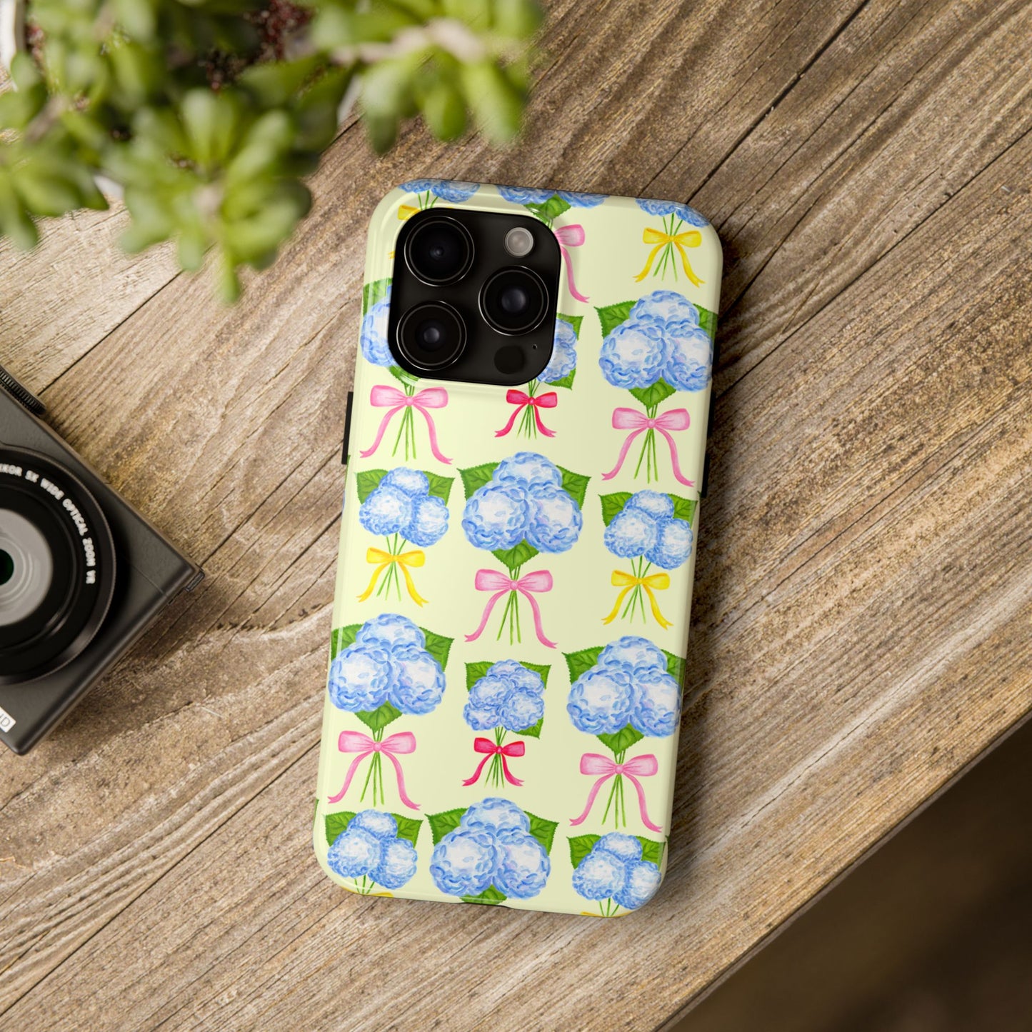 Blue Hydrangeas with Hot Pink, Yellow, Light Pink Bows Watercolor Illustrated Patterned Light Yellow Tough Phone Case | Various Models