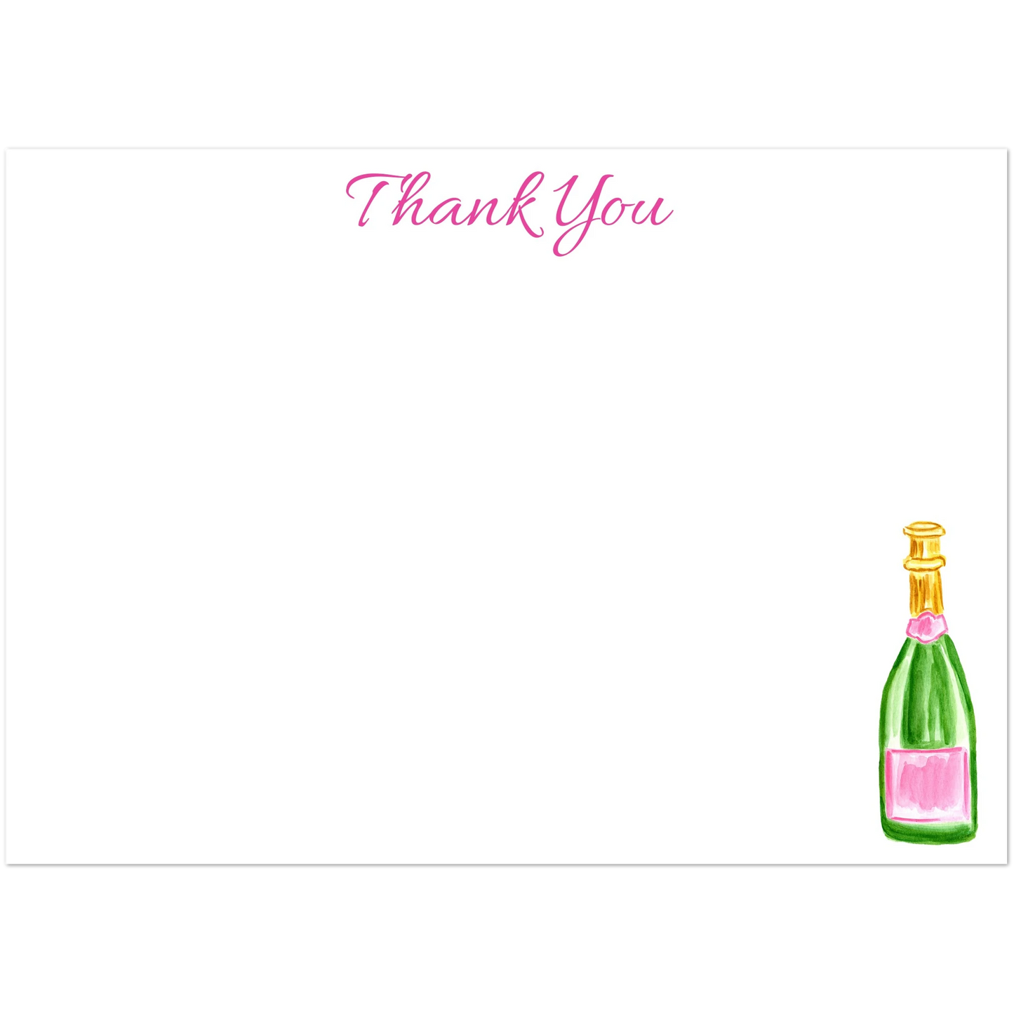 Thank You Card | Pink & Green Champagne Bottle Watercolor Illustration | Flat Notecards & Envelope Set of 10 | 2 Sizes 5R (5 x 7″) Playful Script