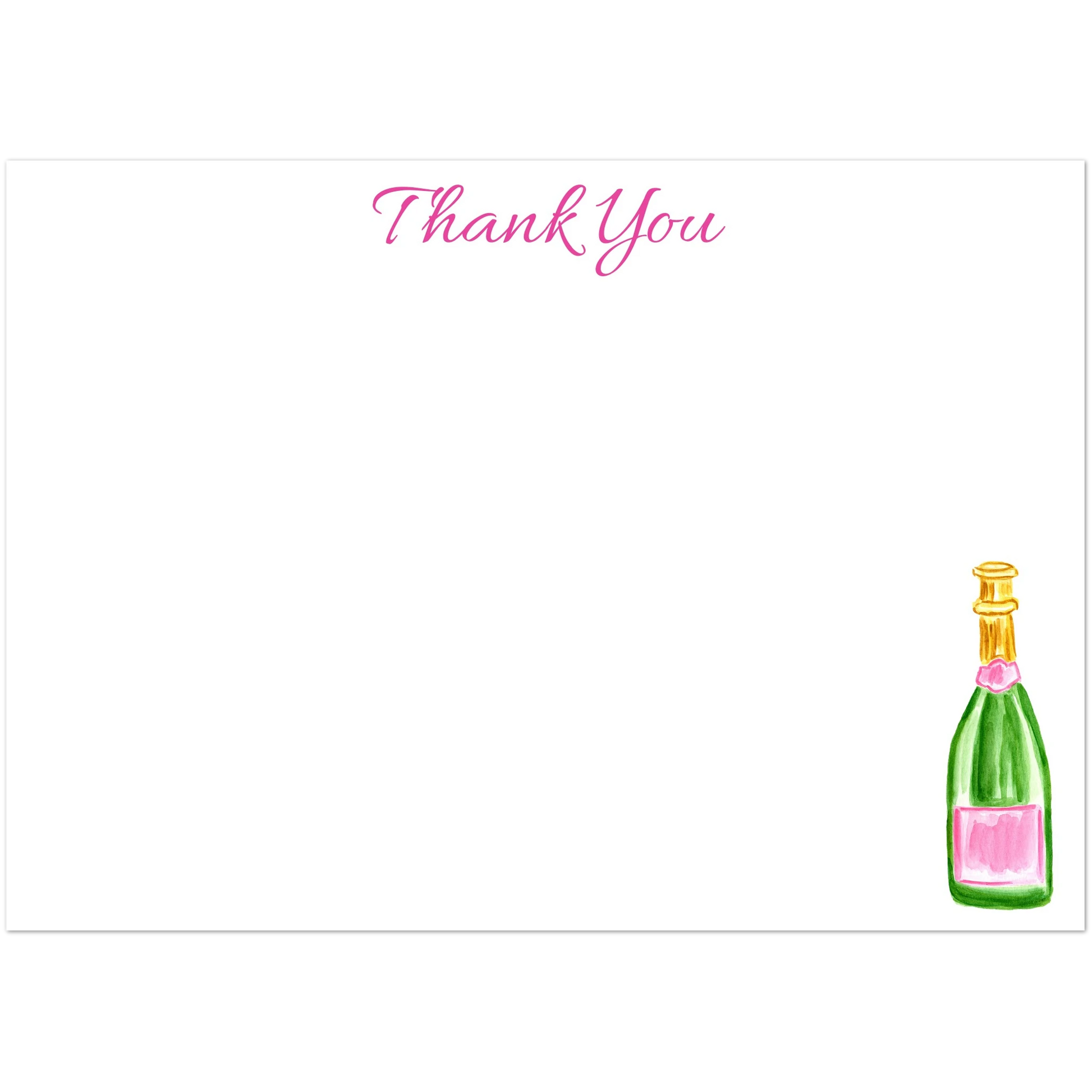 Thank You Card | Pink & Green Champagne Bottle Watercolor Illustration | Flat Notecards & Envelope Set of 10 | 2 Sizes 5R (5 x 7″) Playful Script