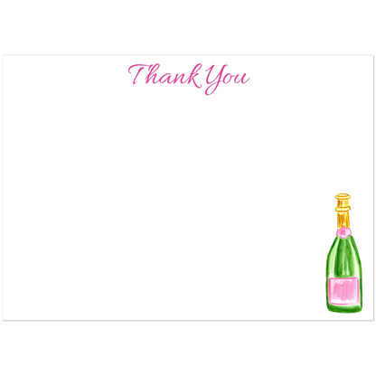 Thank You Card | Pink & Green Champagne Bottle Watercolor Illustration | Flat Notecards & Envelope Set of 10 | 2 Sizes 5R (5 x 7″) Playful Script