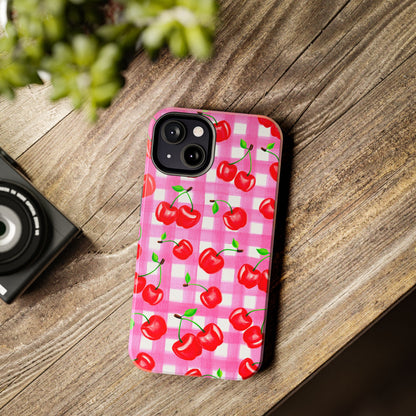 Tossed Red Watercolor Cherries Illustrated Pattern Light Pink Gingham Tough Phone Case | Various Models
