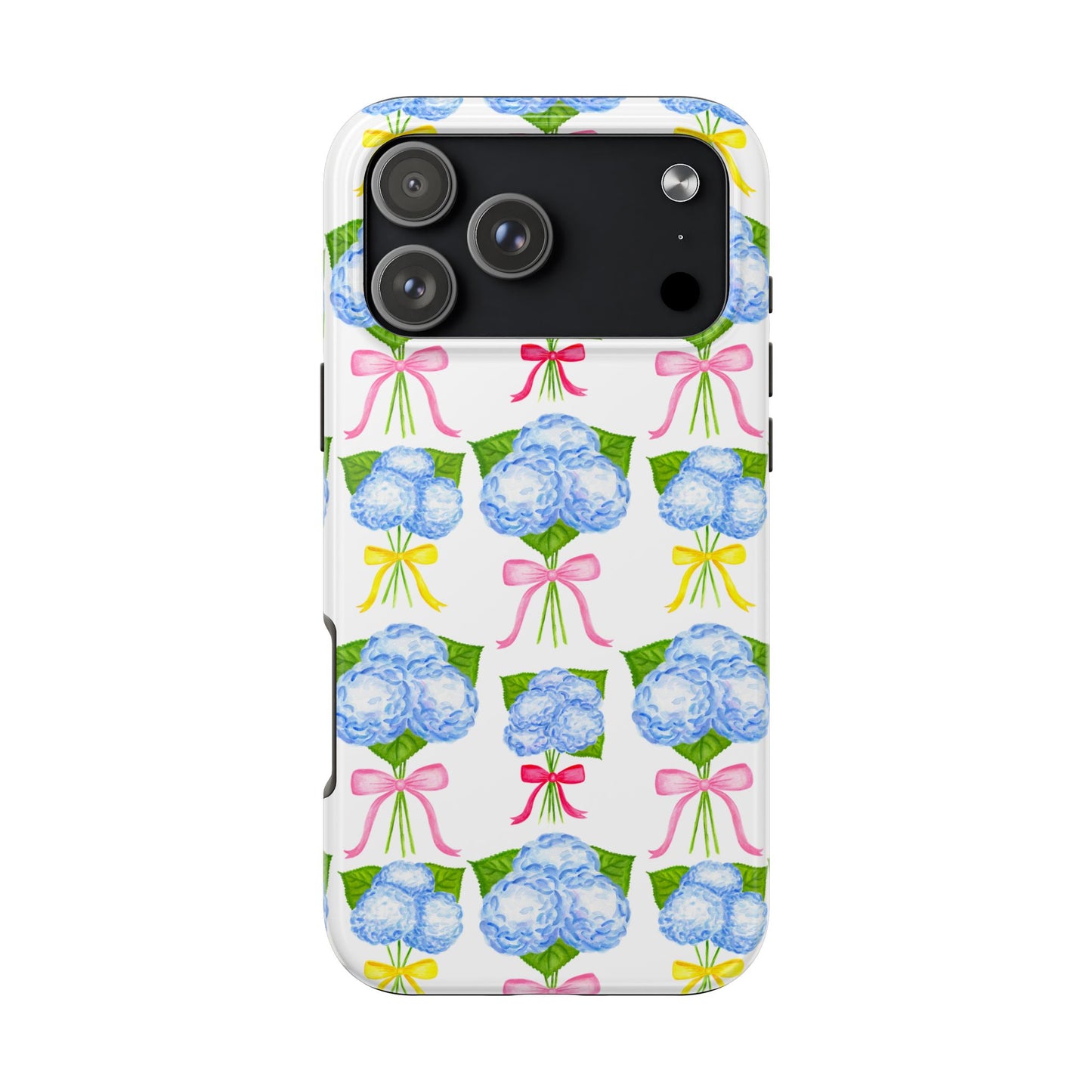 Blue Hydrangeas with Hot Pink, Yellow, Light Pink Bows Watercolor Illustrated Patterned Tough Phone Case | Various Models