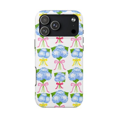 Blue Hydrangeas with Hot Pink, Yellow, Light Pink Bows Watercolor Illustrated Patterned Tough Phone Case | Various Models