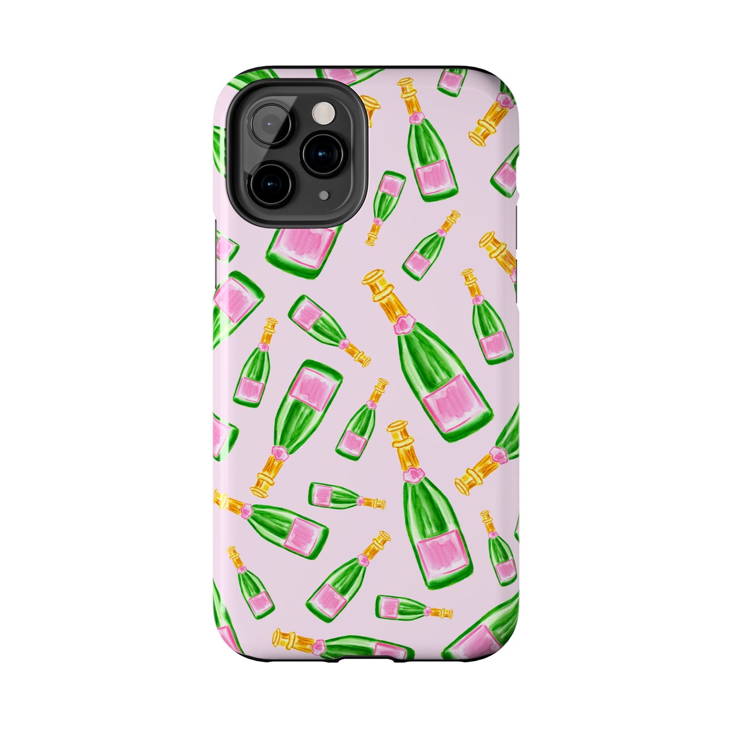 Tossed Pink and Green Watercolor Illustrated Champagne Bottles Pattern Blush Pink Tough Phone Case | Various Models