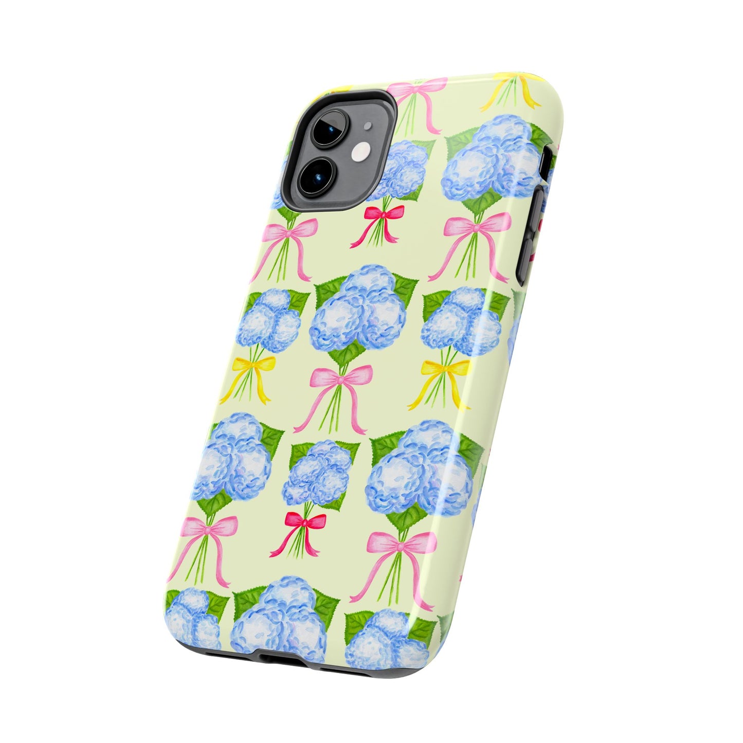 Blue Hydrangeas with Hot Pink, Yellow, Light Pink Bows Watercolor Illustrated Patterned Light Yellow Tough Phone Case | Various Models