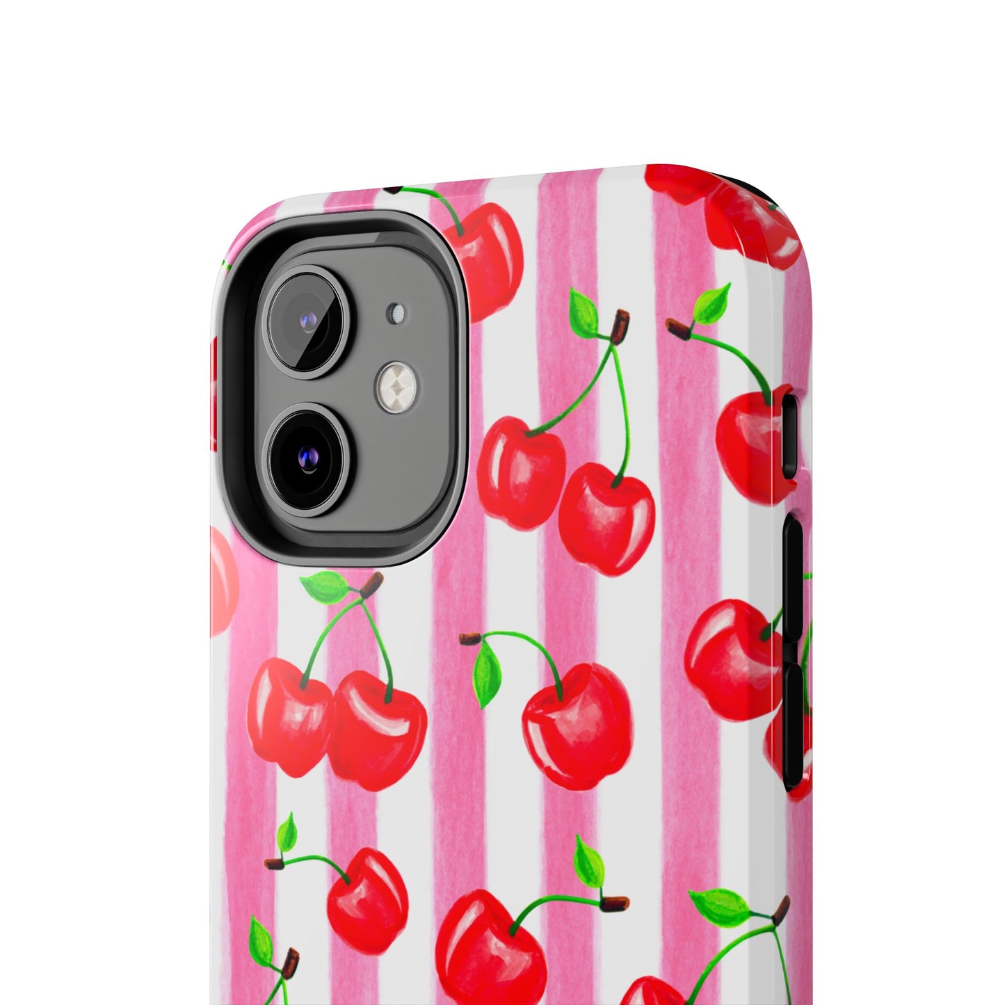 Tossed Red Watercolor Cherries Illustrated Pattern Light Pink Stripes Tough Phone Case | Various Models