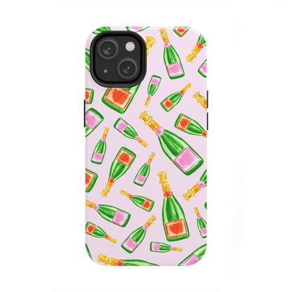 Tossed Pink and Green & Orange and Green Watercolor Illustrated Champagne Bottles Pattern Blush Pink Tough Phone Case | Various Models