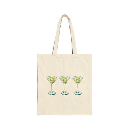 Canvas Book Tote | Trio Blue & Green Martini Watercolor Farmers Market Tote | Cocktail Bachelorette Gift Hostess Natural 15" x 16"