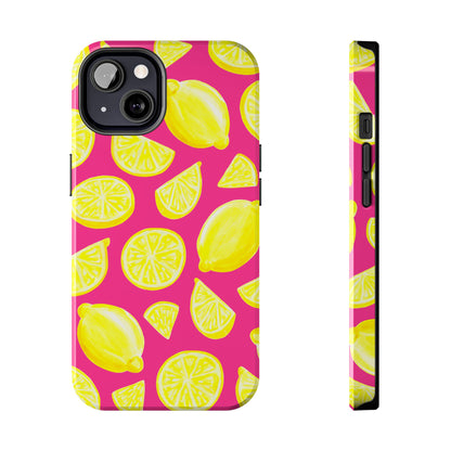 Bright Yellow Lemons Watercolor Illustrated Tossed Pattern Watermelon Pink Tough Phone Case | Various Models
