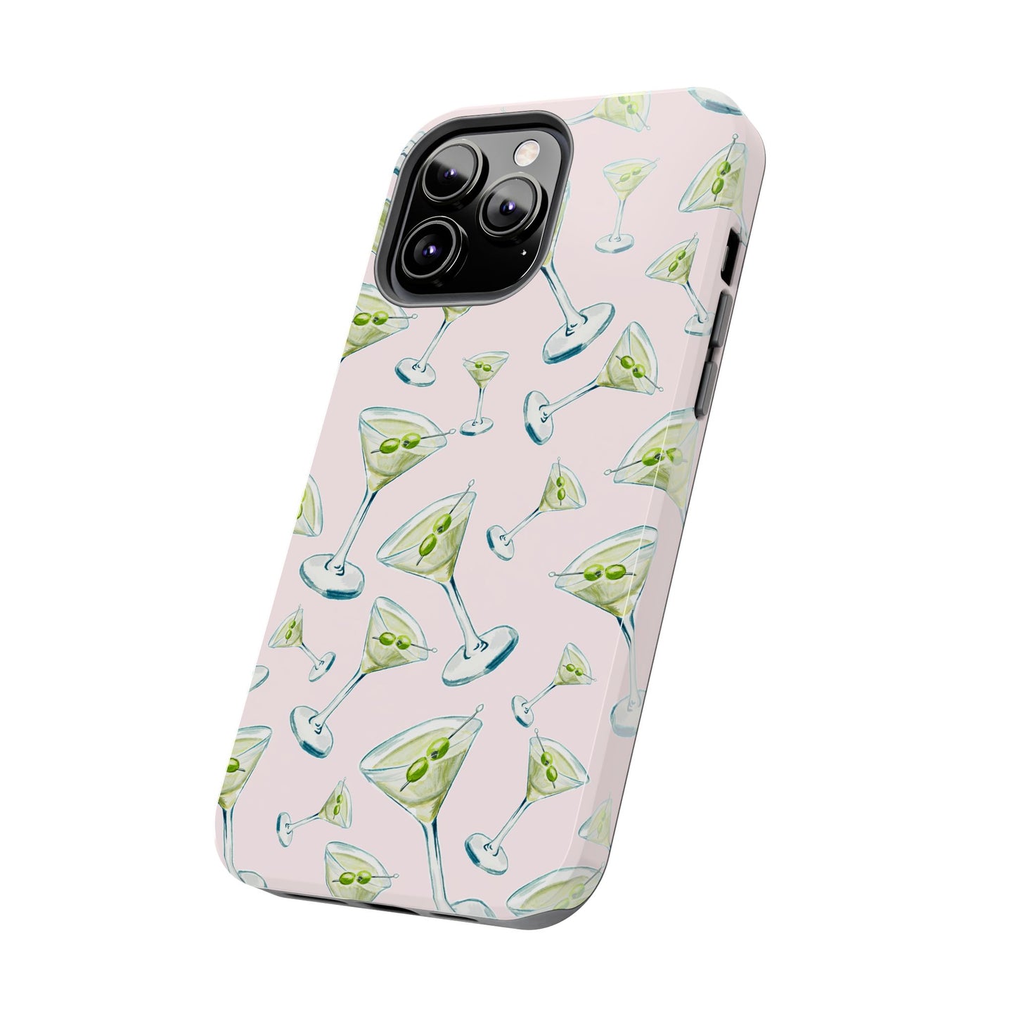 Watercolor Blue and Green Martinis Tossed Illustrated Pattern Blush Pink Tough Phone Case | Various Models