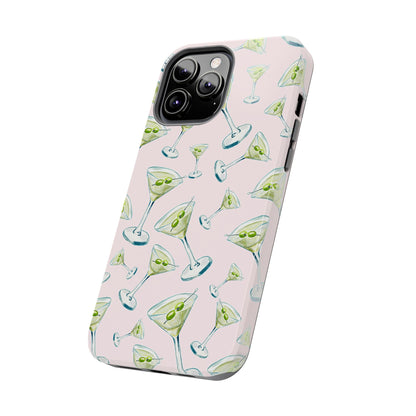 Watercolor Blue and Green Martinis Tossed Illustrated Pattern Blush Pink Tough Phone Case | Various Models
