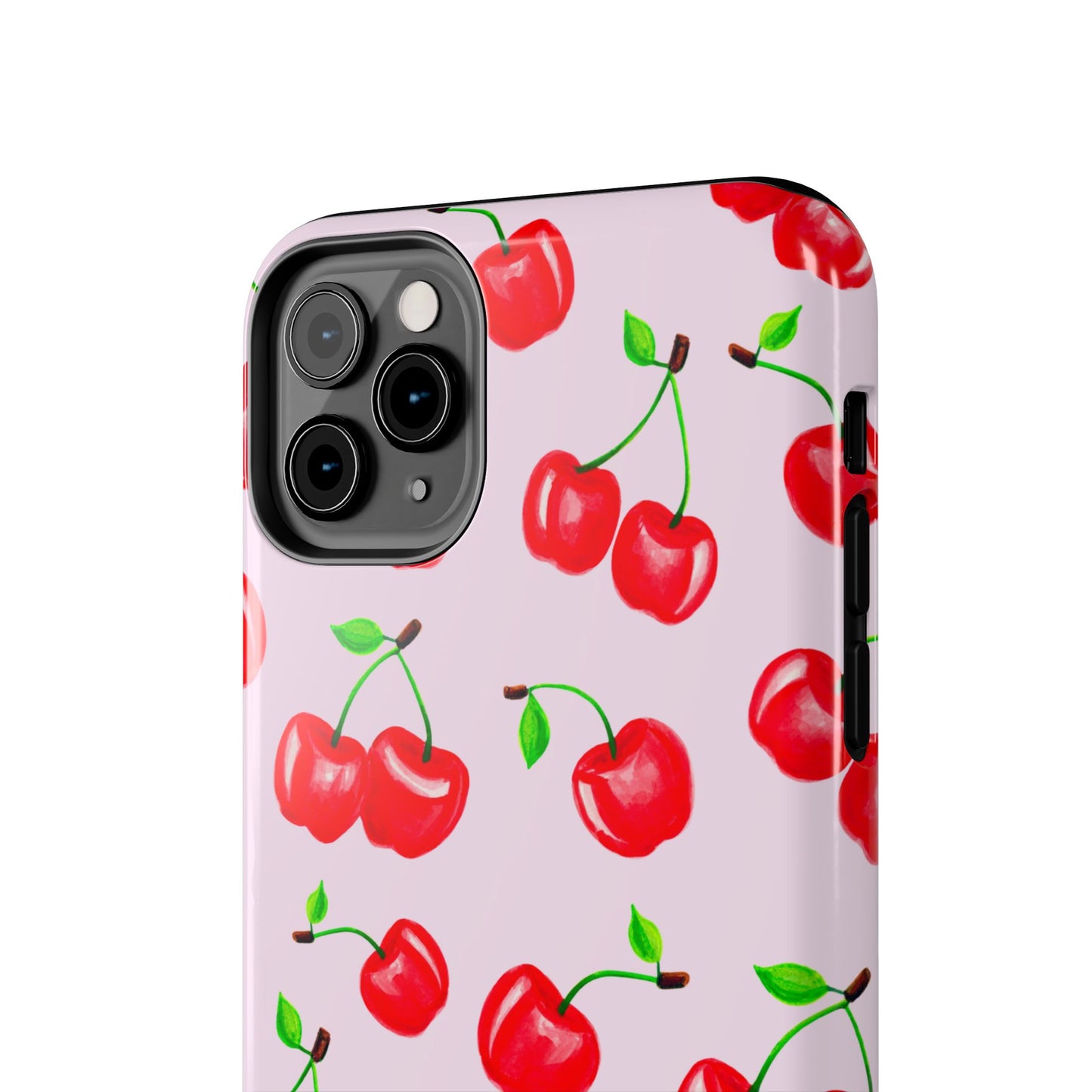 Tossed Red Watercolor Cherries Illustrated Pattern Light Pink Tough Phone Case | Various Models