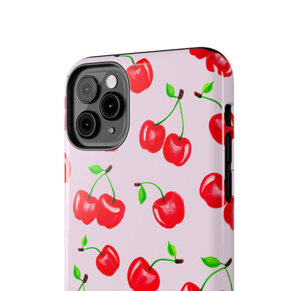 Tossed Red Watercolor Cherries Illustrated Pattern Light Pink Tough Phone Case | Various Models