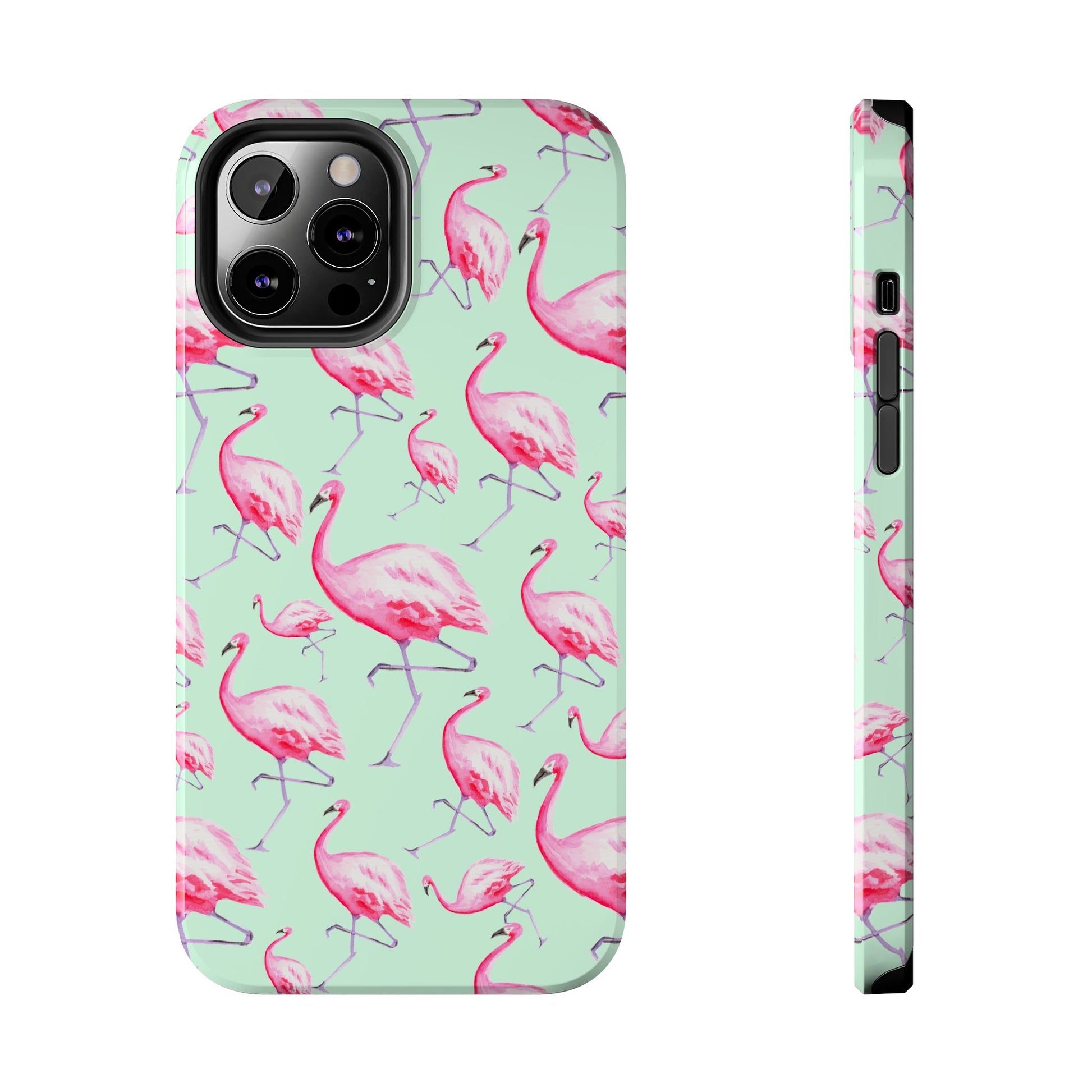 Pink Flamingos Watercolor Illustrated Tossed Pattern Green Phone Case | Various Models iPhone 12 Pro Max
