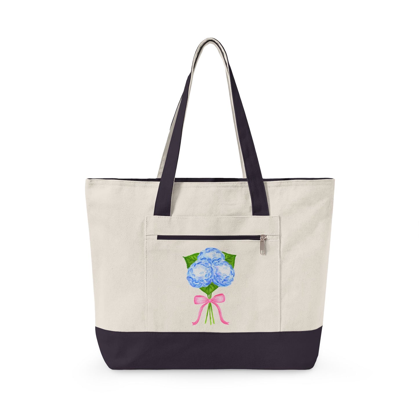 Blue Watercolor Hydrangeas with Light Pink Bow Illustration Printed Zippered Canvas Tote 18" x 14" | Various Colors