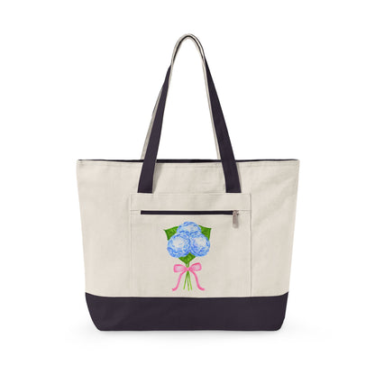 Blue Watercolor Hydrangeas with Light Pink Bow Illustration Printed Zippered Canvas Tote 18" x 14" | Various Colors