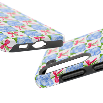 Blue Watercolor Hydrangea Bouquets with Hot Pink Bows Illustrated Patterned Tough Phone Case | Various Models