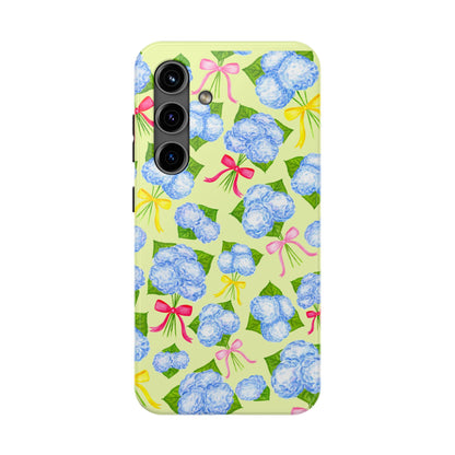 Blue Watercolor Hydrangea Bunches with Hot Pink, Yellow, Light Pink Bows Illustrated Patterned Yellow Tough Phone Case | Various Models