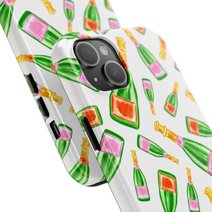 Tossed Pink and Green & Orange and Green Watercolor Illustrated Champagne Bottles Pattern Tough Phone Case | Various Models