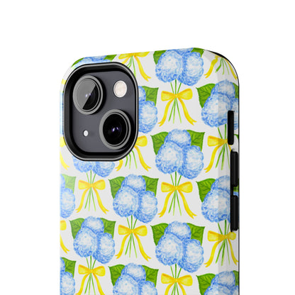 Blue Hydrangea Bouquets with Yellow Bow Ribbon Watercolor Illustrated Patterned Tough Phone Case | Various Models