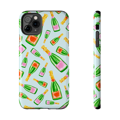 Tossed Pink and Green & Orange and Green Watercolor Illustrated Champagne Bottles Pattern Light Blue Tough Phone Case | Various Models