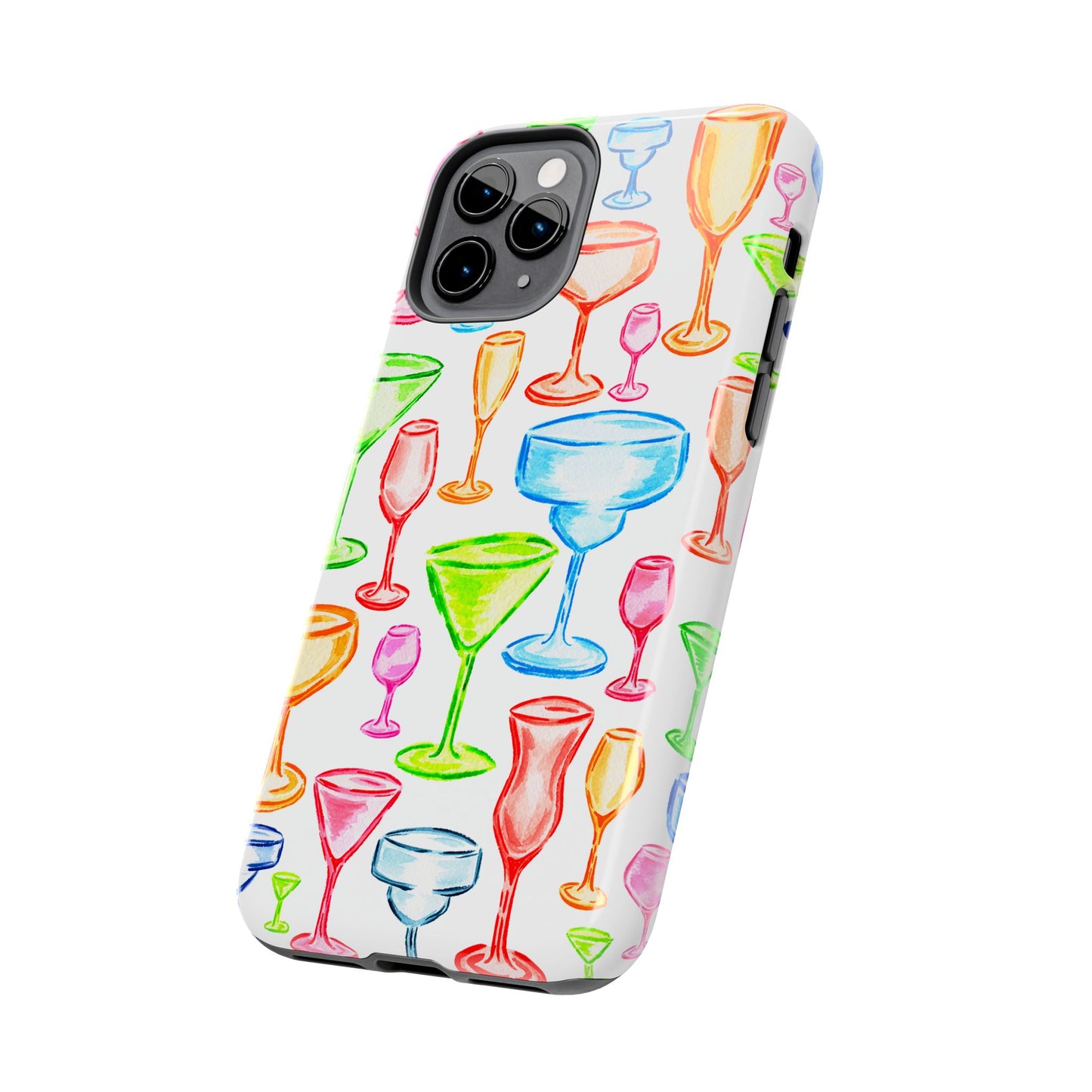 Monochromatic Margarita, Wine, Martini, and Champagne Flute Cocktail Glasses Watercolor Illustrated Tough Phone Case | Various Models Available