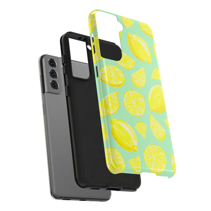 Bright Yellow Lemons Watercolor Illustrated Tossed Pattern Mint Green Tough Phone Case | Various Models