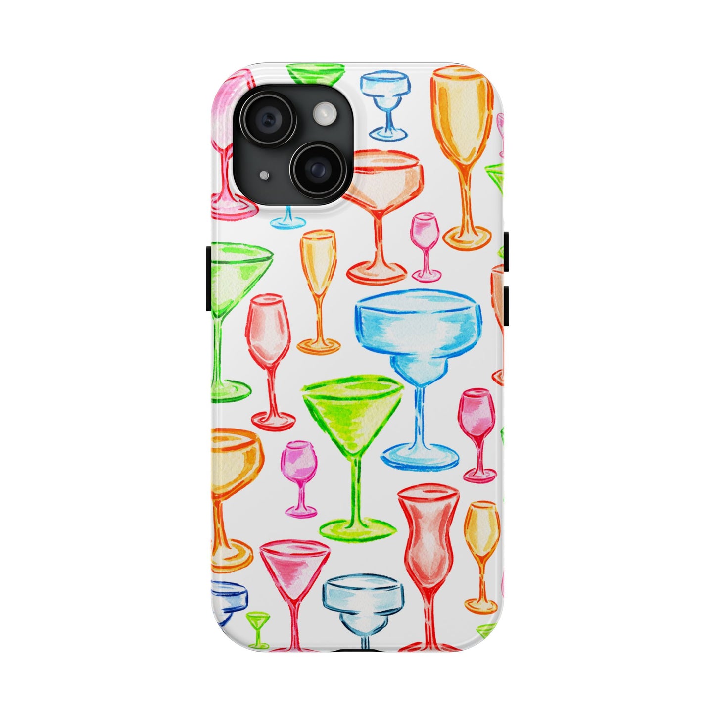 Monochromatic Margarita, Wine, Martini, and Champagne Flute Cocktail Glasses Watercolor Illustrated Tough Phone Case | Various Models Available