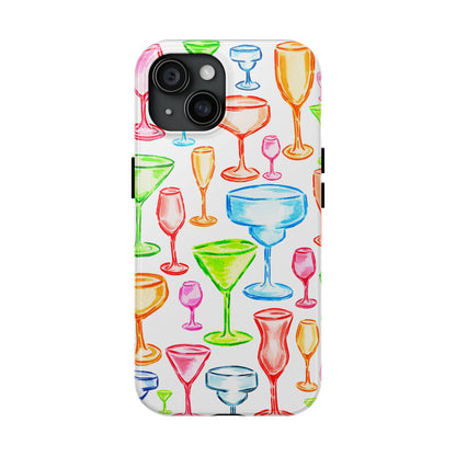 Monochromatic Margarita, Wine, Martini, and Champagne Flute Cocktail Glasses Watercolor Illustrated Tough Phone Case | Various Models Available