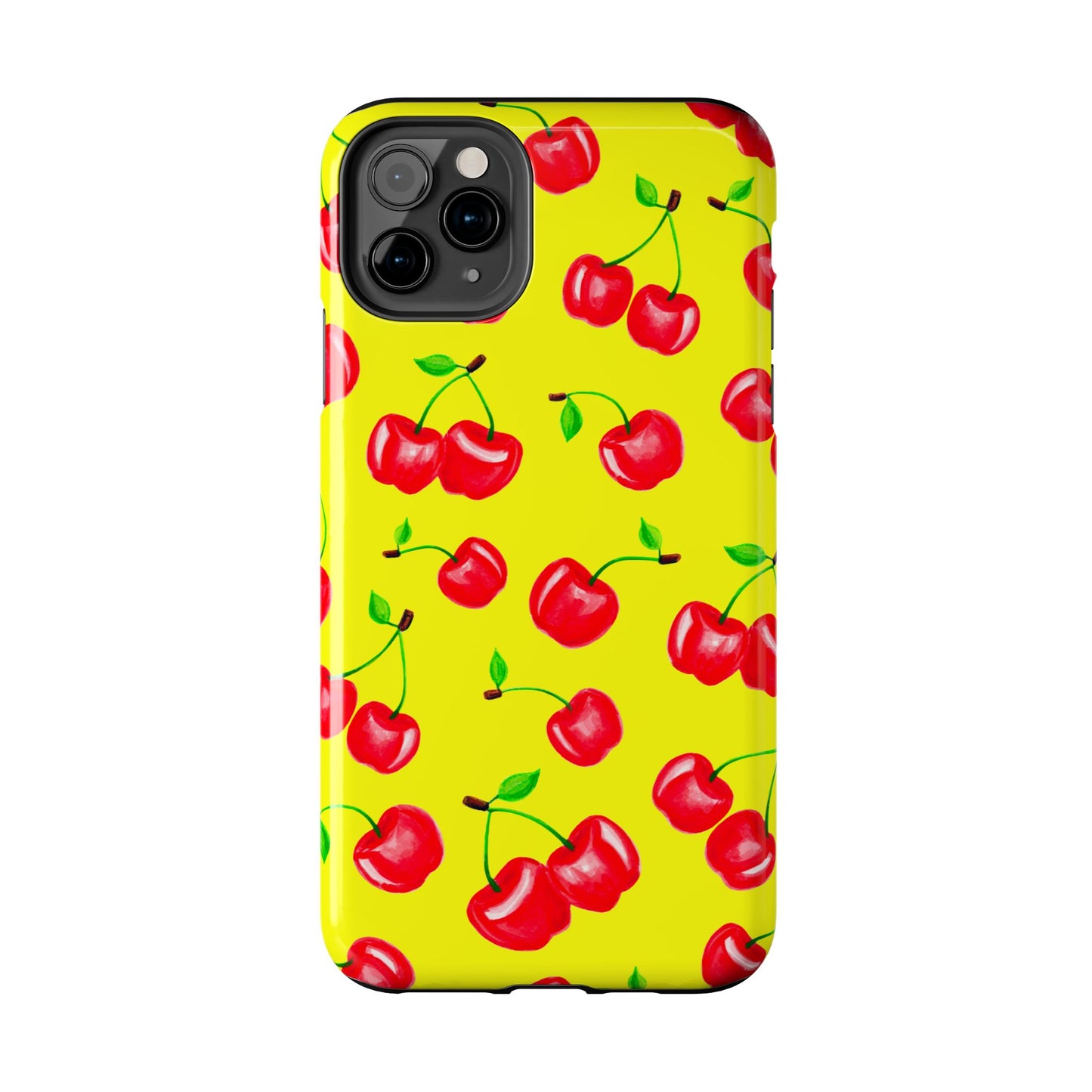 Tossed Red Watercolor Cherries Illustrated Pattern Bright Yellow Tough Phone Case | Various Models