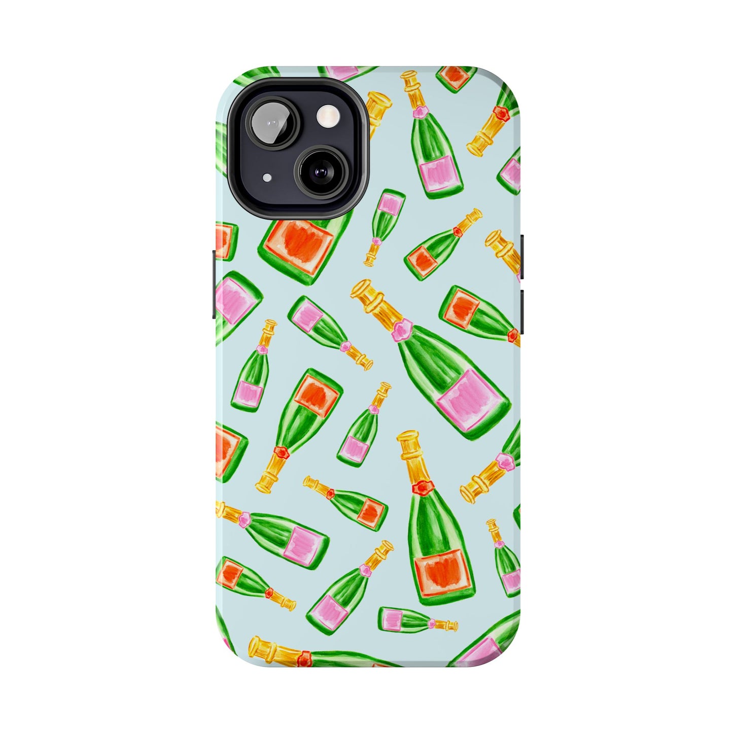 Tossed Pink and Green & Orange and Green Watercolor Illustrated Champagne Bottles Pattern Light Blue Tough Phone Case | Various Models