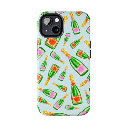 Tossed Pink and Green & Orange and Green Watercolor Illustrated Champagne Bottles Pattern Light Blue Tough Phone Case | Various Models