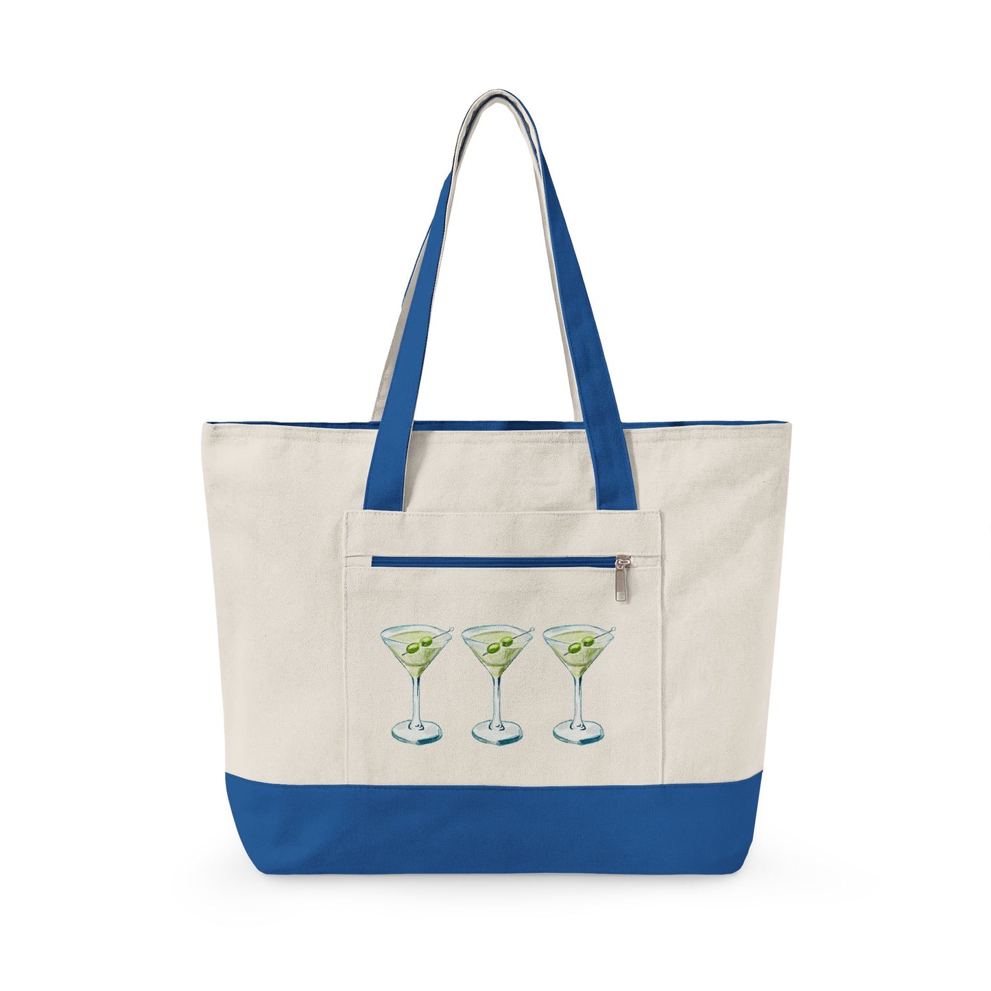 Blue & Green Martini Watercolor Trio Printed Zippered Canvas Tote 18" x 14" | Various Colors 18" x 14" x 4.5" Natural Royal