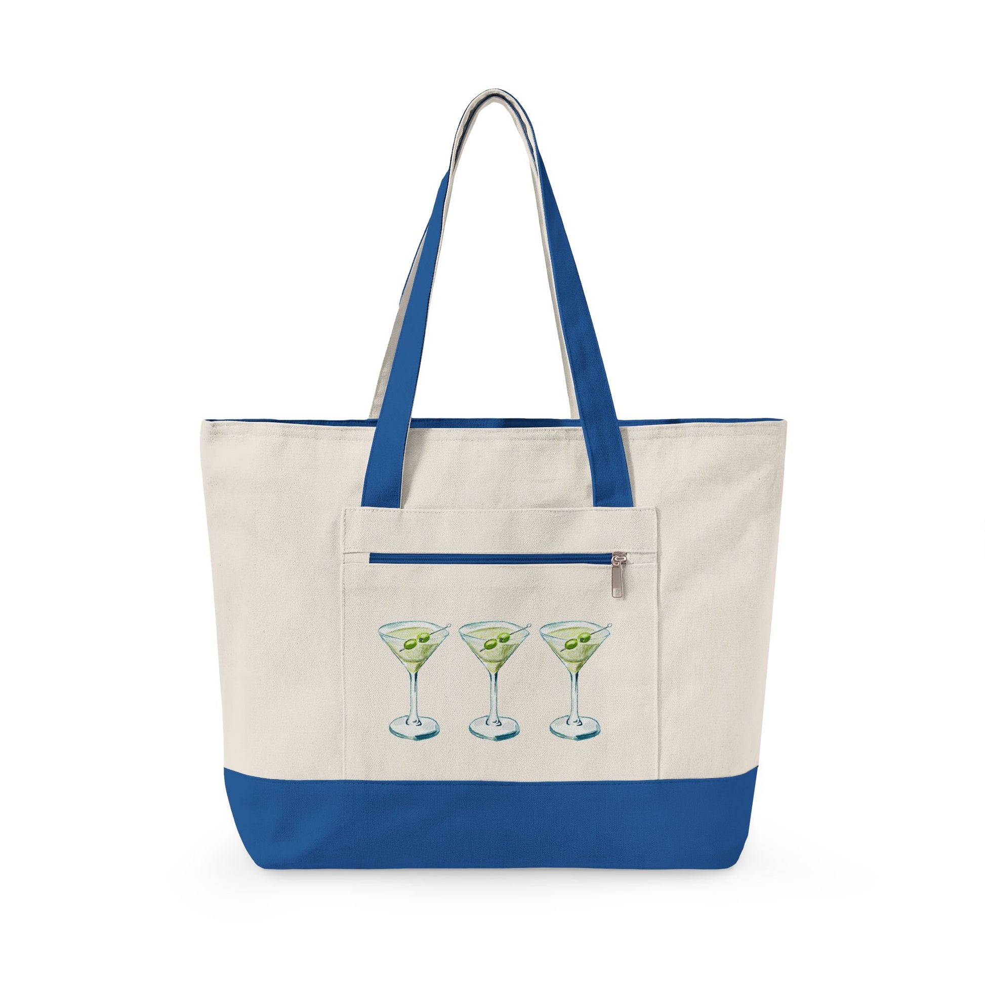 Blue & Green Martini Watercolor Trio Printed Zippered Canvas Tote 18" x 14" | Various Colors 18" x 14" x 4.5" Natural Royal
