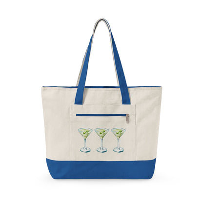 Blue & Green Martini Watercolor Trio Printed Zippered Canvas Tote 18" x 14" | Various Colors 18" x 14" x 4.5" Natural Royal