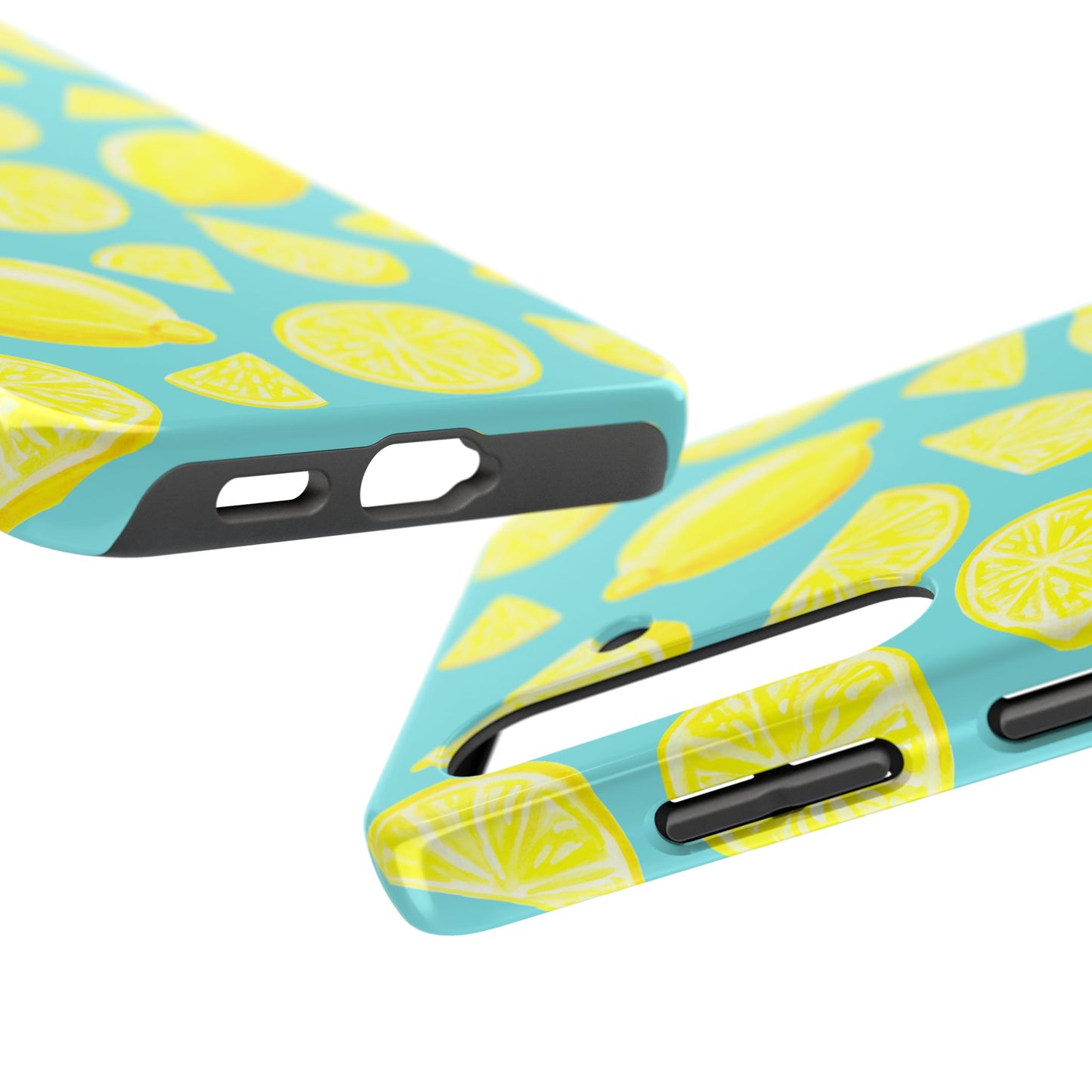 Bright Yellow Lemons Watercolor Illustrated Tossed Pattern Turquoise Blue Tough Phone Case | Various Models