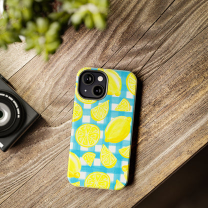 Yellow Lemons & Turquoise Gingham Watercolor Illustrated Tough Phone Case | Various Models Available