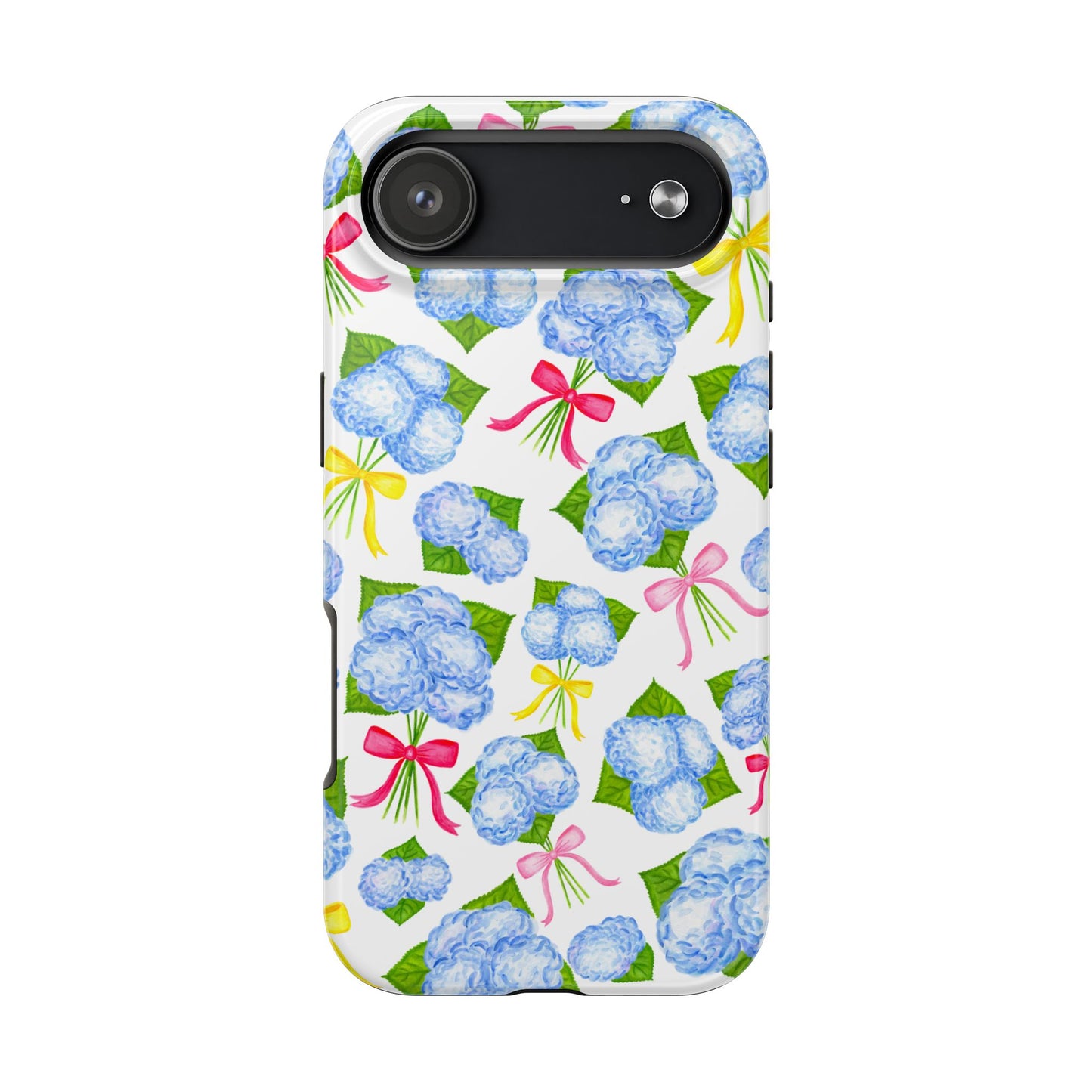 Blue Watercolor Hydrangea Bunches with Hot Pink, Yellow, Light Pink Bows Illustrated Patterned Tough Phone Case | Various Models