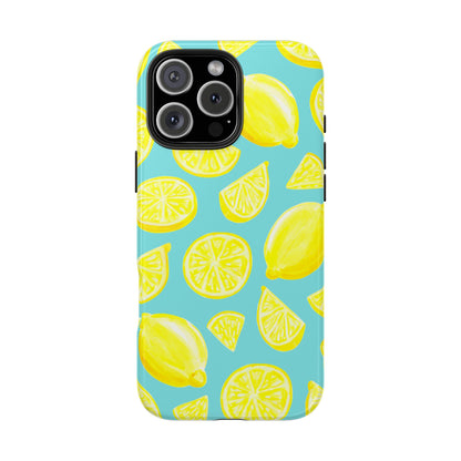 Bright Yellow Lemons Watercolor Illustrated Tossed Pattern Turquoise Blue Tough Phone Case | Various Models