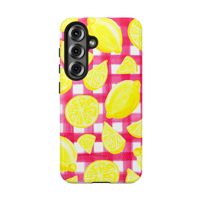 Yellow Lemons & Hot Pink Gingham Watercolor Illustrated Tough Phone Case | Various Models Available