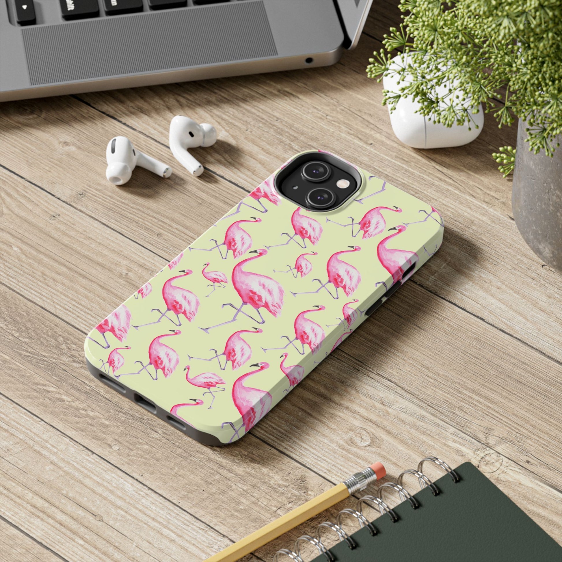 Pink Flamingos Watercolor Illustrated Tossed Pattern Yellow Phone Case | Various Models