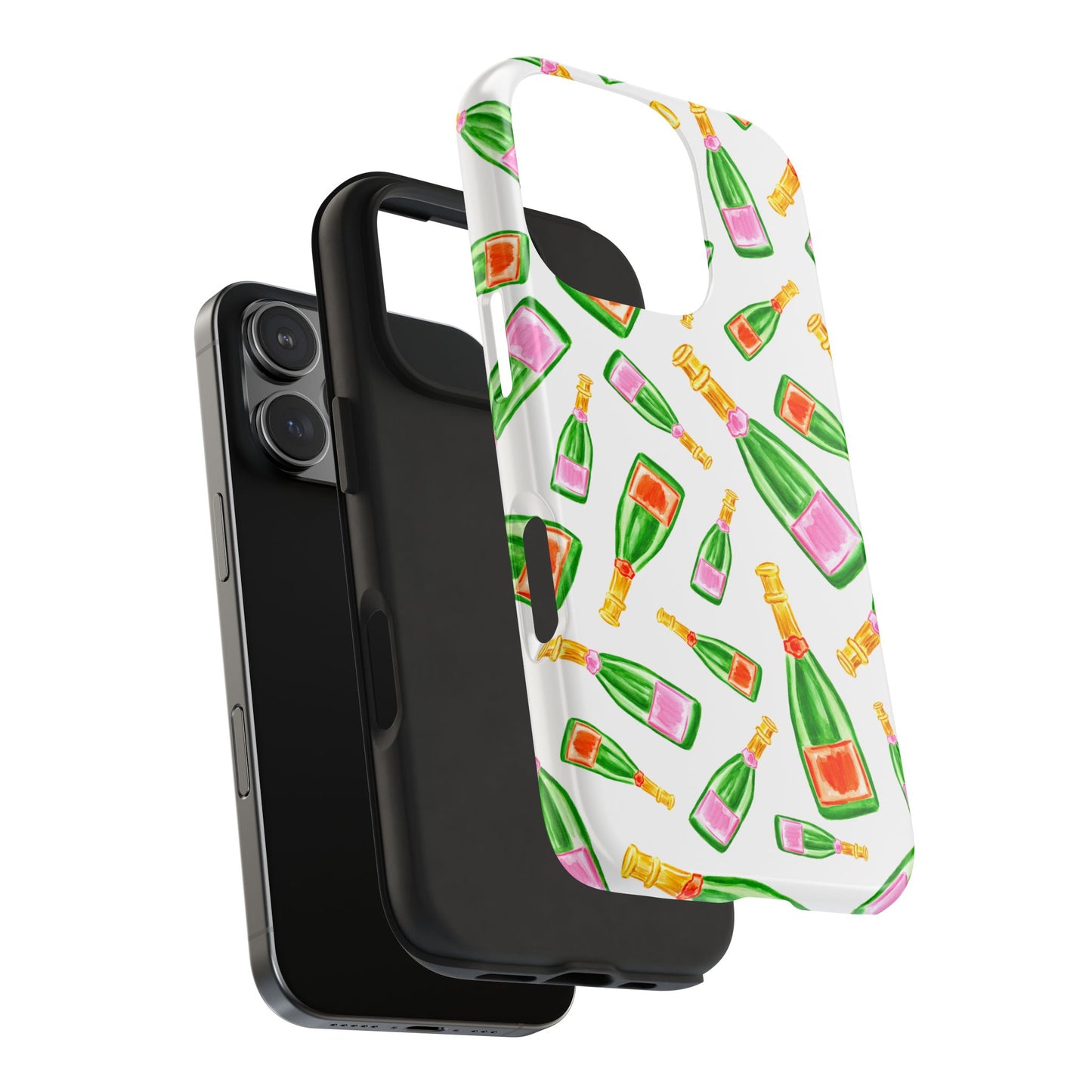 Tossed Pink and Green & Orange and Green Watercolor Illustrated Champagne Bottles Pattern Tough Phone Case | Various Models
