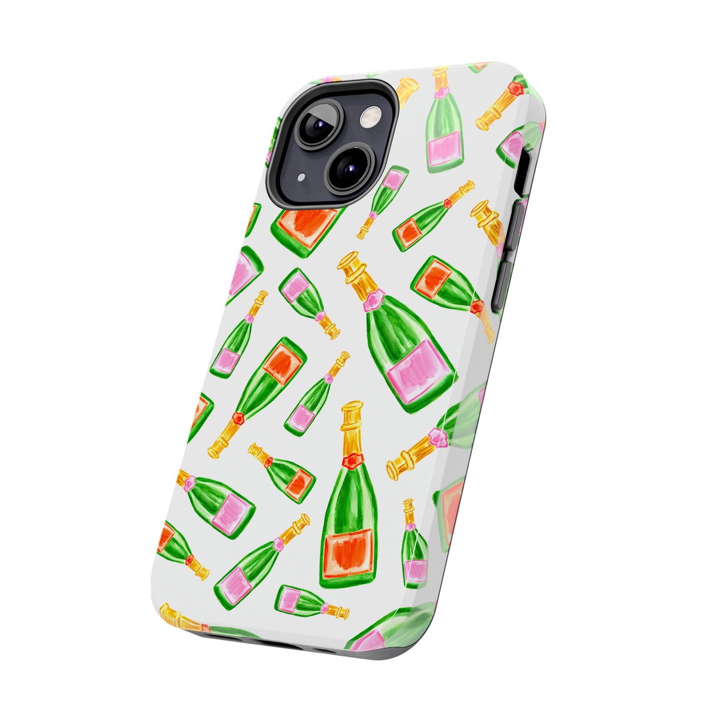 Tossed Pink and Green & Orange and Green Watercolor Illustrated Champagne Bottles Pattern Tough Phone Case | Various Models